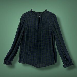 Loft Plaid Ruffle Velvet Trim Long Sleeve Blouse‎ Large